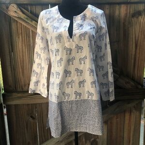 Pomegranate Resort Long White Cotton Tunic with Blue Zebra Pattern